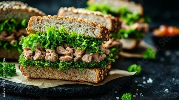 Fototapeta Un sándwich saludable de pan integral, relleno de atún, lechuga fresca y perejil, servido en un ambiente rústico oscuro.

