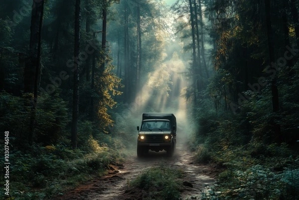 Fototapeta A traveling truck driving through a dense forest trail, surrounded by towering trees and misty light filtering through the foliage