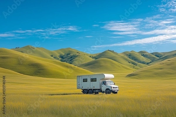 Fototapeta A traveling truck parked in the middle of a grassy meadow with soft rolling hills in the background and a bright blue sky above, capturing the essence of exploration