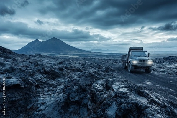 Fototapeta A truck crossing a rugged volcanic landscape, the dark rocky terrain contrasting against the vast open sky, evoking a sense of adventure and exploration
