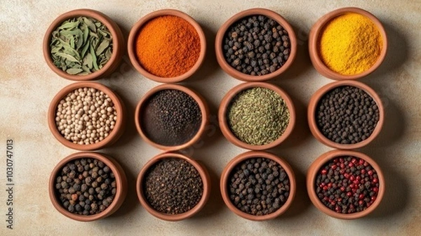 Fototapeta Top view of African spices in clay bowls on a neutral background with room for copy
