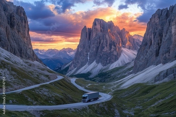 Fototapeta A truck driving through a winding mountain pass, with towering peaks on either side and a dramatic sunset filling the sky with vibrant colors