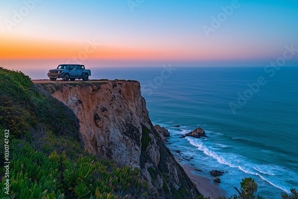 Fototapeta A truck parked on a cliffside with a panoramic view of the ocean below, soft waves crashing against the shore, and the horizon stretching endlessly