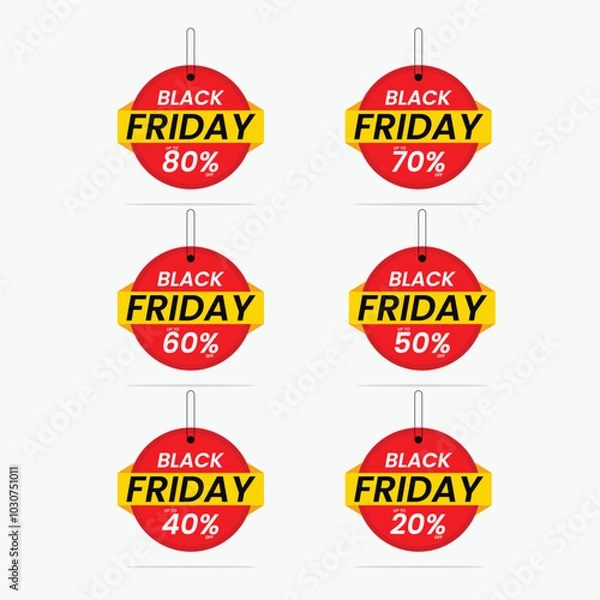 Obraz Circle danglers hanging from ceiling, Black Friday sale tag circle banner and the rope hanging on red background