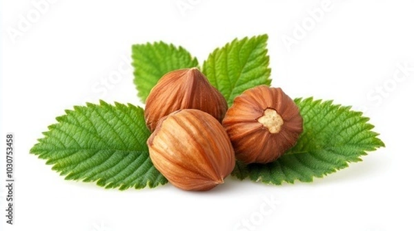 Obraz Three hazelnuts with green leaves isolated on a white background.
