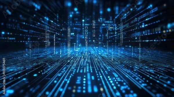 Fototapeta Abstract glowing binary code and circuit patterns representing technological infrastructure and digital flow