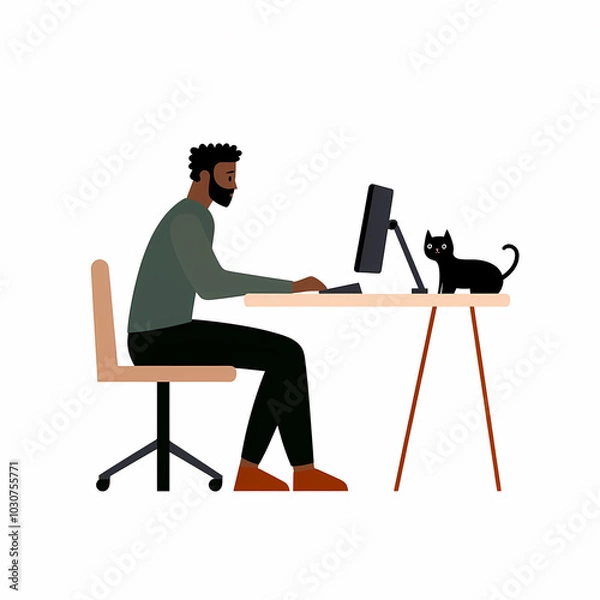 Fototapeta man is working at desk with computer while black cat sits nearby, creating cozy and productive home office atmosphere