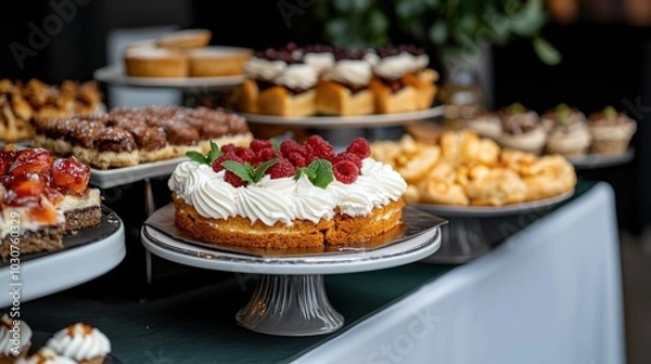 Obraz Explore this elegant dessert buffet featuring beautifully arranged cakes and pies, perfect for any occasion, showcasing a variety of delicious treats.