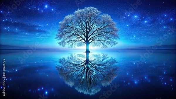 Fototapeta Forced perspective tree of life mirrored in a calm lake with blue lights reflecting in the water