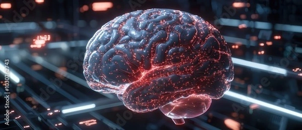 Obraz This high-fidelity artwork depicts a human brain in a futuristic setting, intertwined with glowing neural networks, symbolizing intelligence and technology.