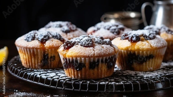 Fototapeta A close-up view of freshly baked muffins topped with a generous dusting of powdered sugar, their golden-brown crusts gleaming under the light.