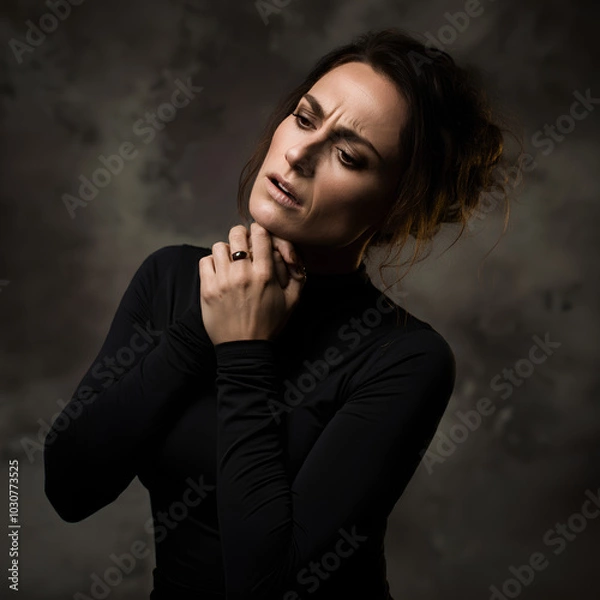 Fototapeta A woman in a thoughtful pose, clasping her hands near her chin, expressing concern or contemplation.