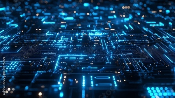 Fototapeta Abstract Futuristic Circuit Board with Glowing Blue Lines