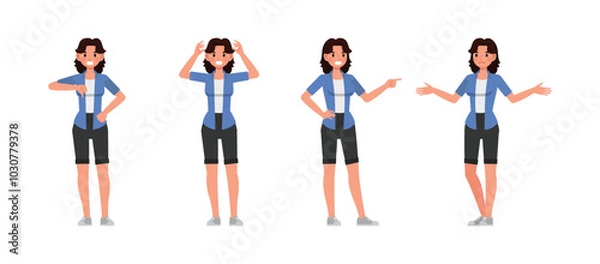 Fototapeta Woman wear blue shirt character vector illustration design set. Presentation in various action.
