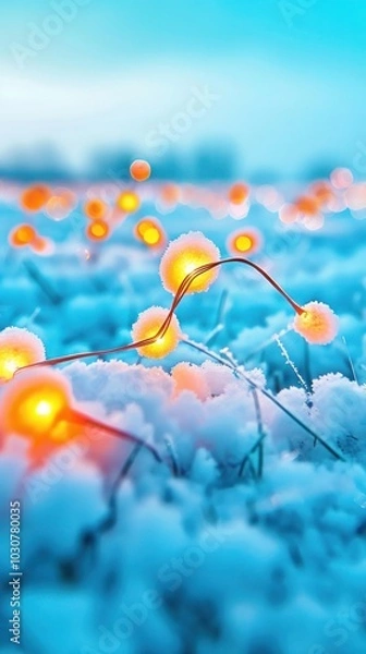 Fototapeta Minimalist design featuring a snowy field and in small lights hanging