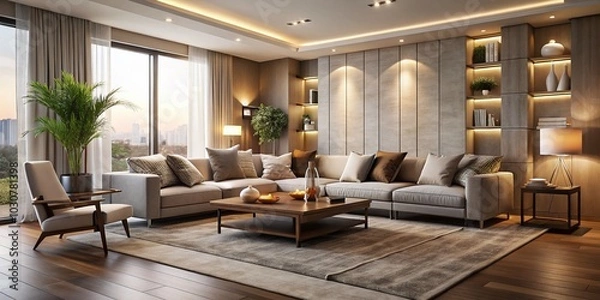 Fototapeta Modern Minimalist Living Room in Low Light with Warmth and Comfort