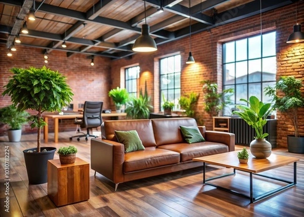 Fototapeta Modern Open Office Space with Couch and Desks - Macro Photography