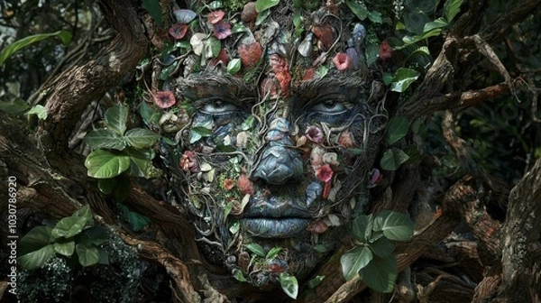 Fototapeta Nature Spirit. A Fusion of Faces and Flora in a Mystical Woodland Setting
