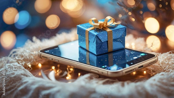 Obraz Smartphone with small blue gift on the screen. Christmas gift box with ribbon on phone. Christmas online shopping, ordering gifts in online store	