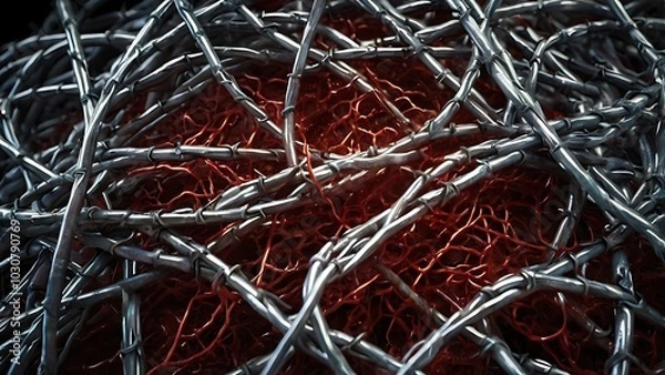 Fototapeta Blood vessels wrapped in barbed wire, symbolizing the tension and strain placed on the cardiovascular system by hypertension.