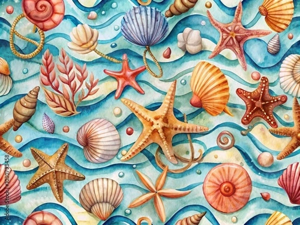 Obraz Nautical Watercolor Seamless Pattern for Coastal Decor and Crafts