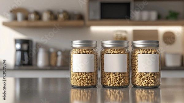 Obraz Glass jars full of cereals with blank labels standing on kitchen countertop



