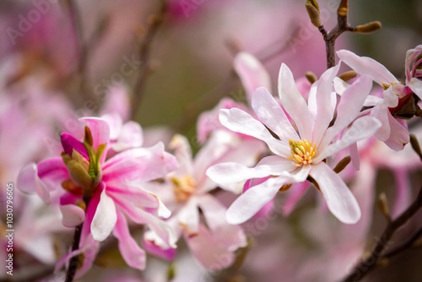Fototapeta Blooming magnolia in spring. Beautiful buds of pink flowers close-up with blurred space for text.