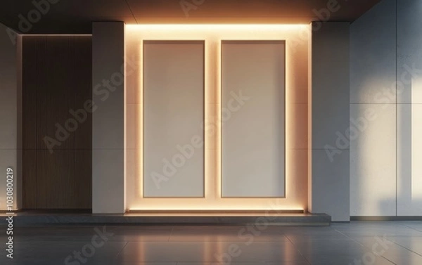 Fototapeta A visually striking 3D design of an exhibition room showcasing two blank vertical posters against an illuminated wall