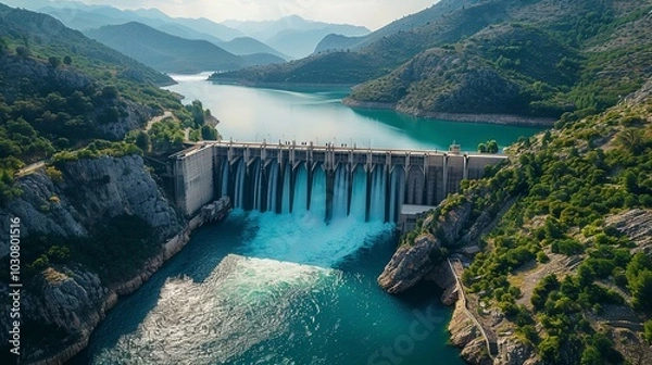 Fototapeta Aerial view of a hydroelectric dam on the river with water being discharged from the reservoir