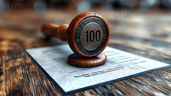 Obraz A wooden stamp displaying the number 100 on a document.