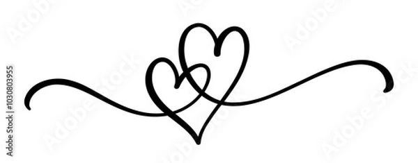 Obraz Cute calligraphic composition of duo intertwined hearts from one continuous line. Heart calligraphy design element.