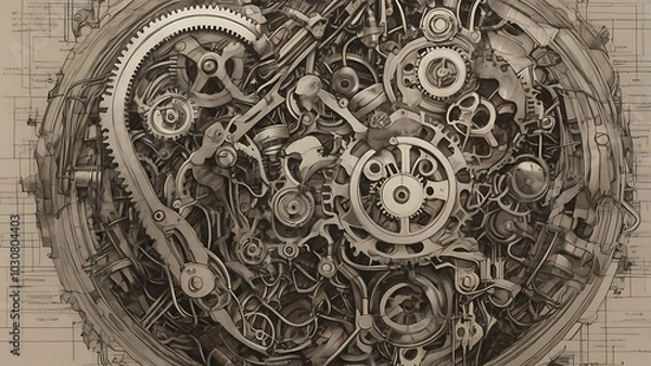 Fototapeta A mechanical realism illustration of a human heart intricately composed of gears, cogs, and machinery, symbolizing the blend of humanity and technology.
