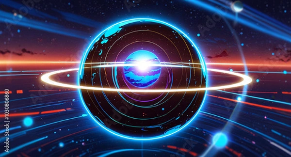 Obraz Minimalist geometric design featuring a sphere as a planet, with flowing lines and curves representing celestial bodies. Modern, cosmic-inspired vector art blending science and aesthetics