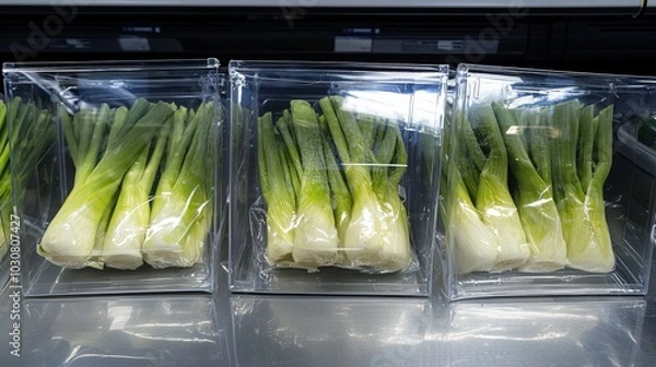 Fototapeta Fresh Leeks in Transparent Packaging Displayed on Market Shelf