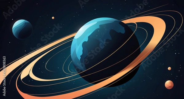 Obraz Minimalist geometric design featuring a sphere as a planet, with flowing lines and curves representing celestial bodies. Modern, cosmic-inspired vector art blending science and aesthetics