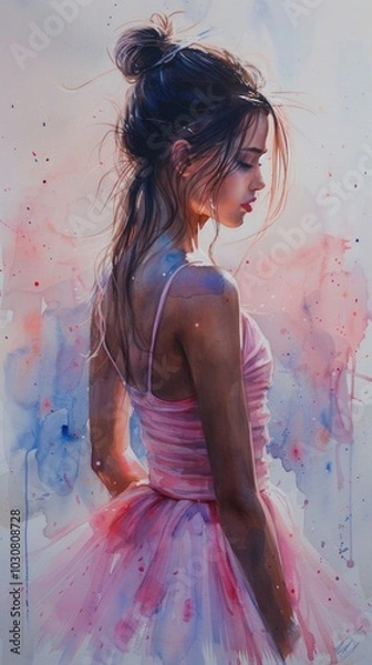 Fototapeta The watercolor painting portrays a young ballerina in an elegant lavender tutu on a clean white canvas, her delicate form echoing the grace and beauty of childhood