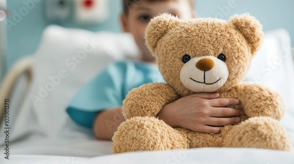 Fototapeta child hugging teddy bear in hospital bed, generative ai