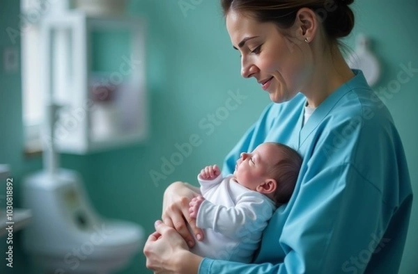 Obraz May 31, 2021. Belarus, Gomil. Neonatal Intensive Care Unit. The doctor holds a newborn child in his arms against the background of medical devices.