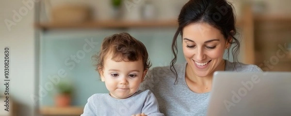 Fototapeta Businesswoman smiling at home while playing with her child, worklife balance, parenting and career harmony