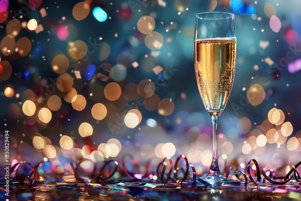 Obraz Glass of champagne on table with gold confetti and bokeh lights, New years eve celebration background.