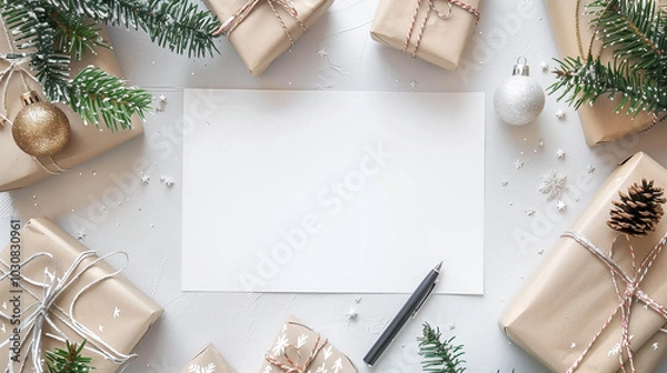Obraz Top view of a Christmas greeting card A4 white paper framed with ornaments on a white background.
