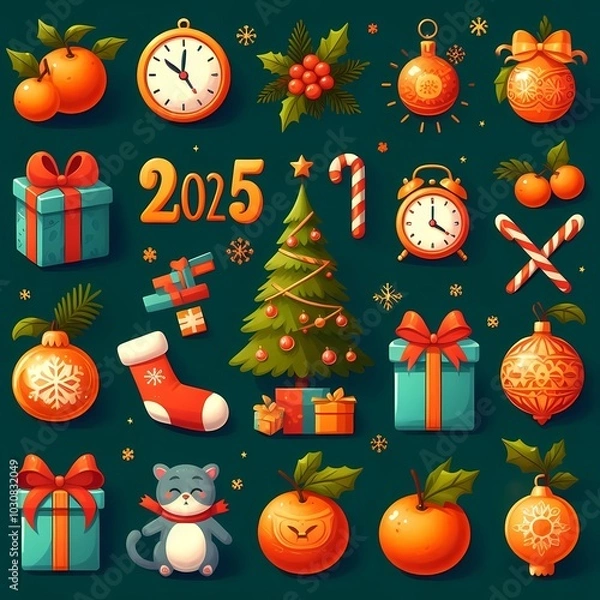 Fototapeta New Year 2025 poster with Christmas tree and New Year decorations, stickers for Christmas and New Year 

