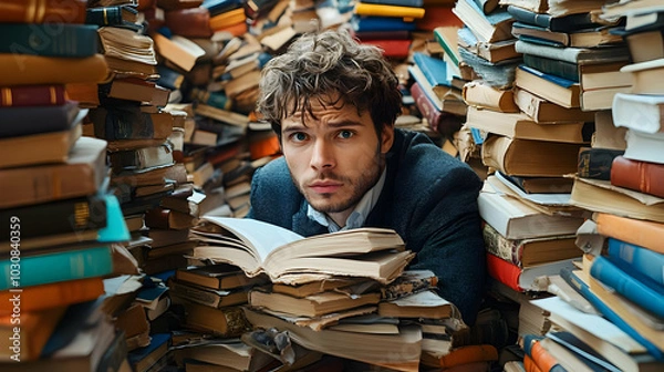 Fototapeta A young man surrounded by stacks of books, deep in thought.