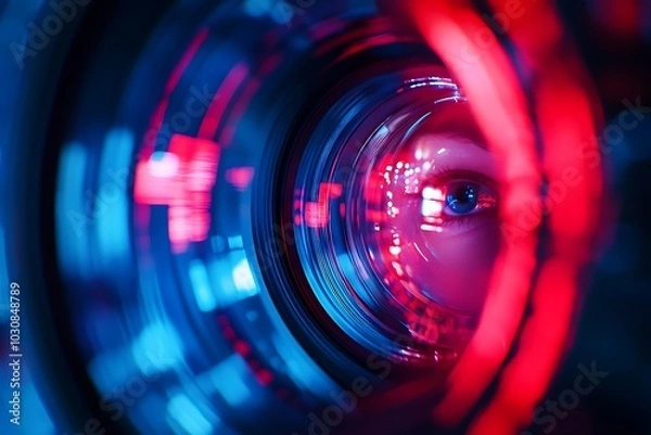 Fototapeta Close Up Blue Eye Looking Through Camera Lens Bokeh