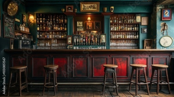 Fototapeta the counter bar in a cosy old english or irish pub with lots of whisky bottles in the background
