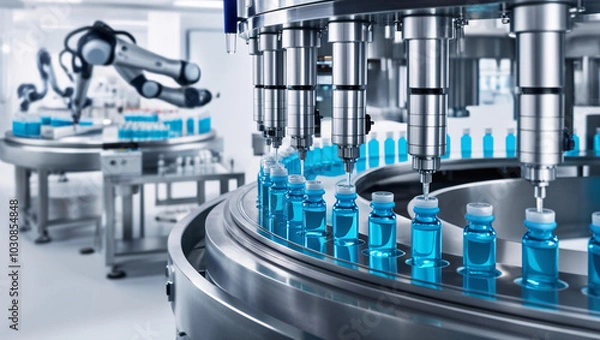 Fototapeta High-Tech Pharmaceutical Facility A Circular Assembly Line with Robotic Arms Dispensing Liquid into Transparent Vials, Highlighting Advanced Technology and Cleanliness