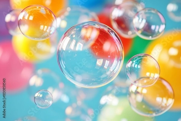 Fototapeta Colorful soap bubbles floating against a bright blue background with vibrant hues of red, yellow, and green visible