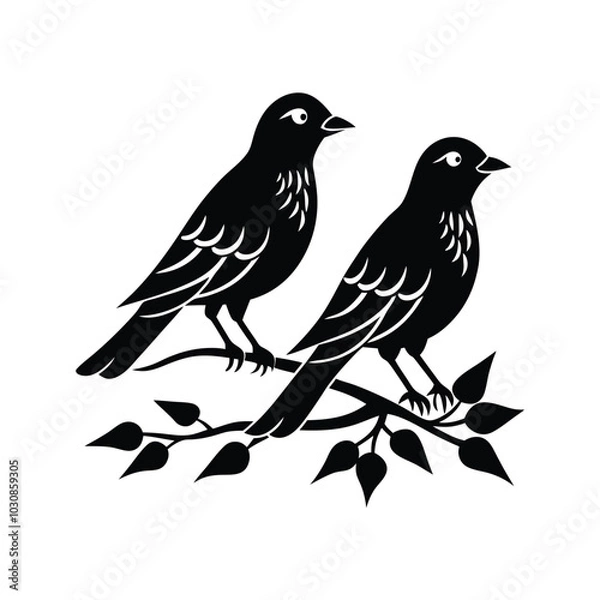 Fototapeta A delicate vector illustration of birds perched on a branch against a whiter background. Perfect for nature-themed designs, decorative elements, or minimalist art projects.