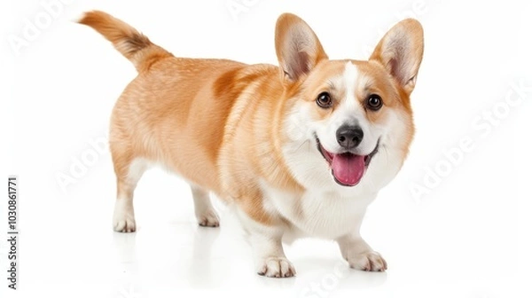 Obraz Joyful White-Brown Dog, an adorable and playful pup with a happy expression, set against a clean white background, inviting cheerful text and vibrant details.