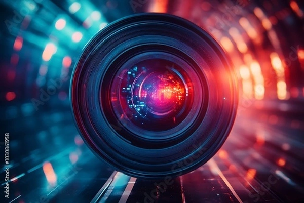 Fototapeta Glossy Camera Lens with Red and Blue Bokeh Lights